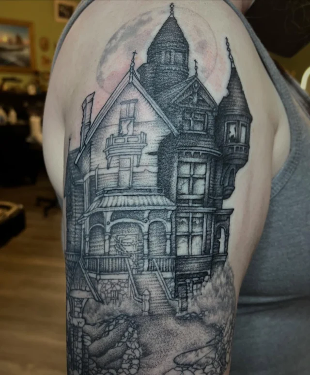 Hello Internet , it’s me Luke again. How ya been? Holding up ok in this crazy world? Well, anyway… here’s a work in progress pic of a piece that I am super excited about !! I’m having so much fun working through all the spooky little details on this one . I swear, I could tattoo gothic horror architecture all day … wink wink nudge nudge ;) stay tuned for updates and other artistic shenanigans. Ok bye