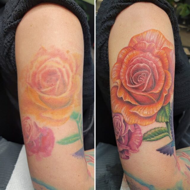 By @inkstress
Got a great start to today on revamping Caitlyn's lovely sleeve...
Thanks for a fun day!
#rachelgilbert #inkstress #tattoosbyinkstress #witchinghourtattoopdx #witchinghourtattoo #beforeandafter #tattooglowup #tattoofacelift #tattoofixup