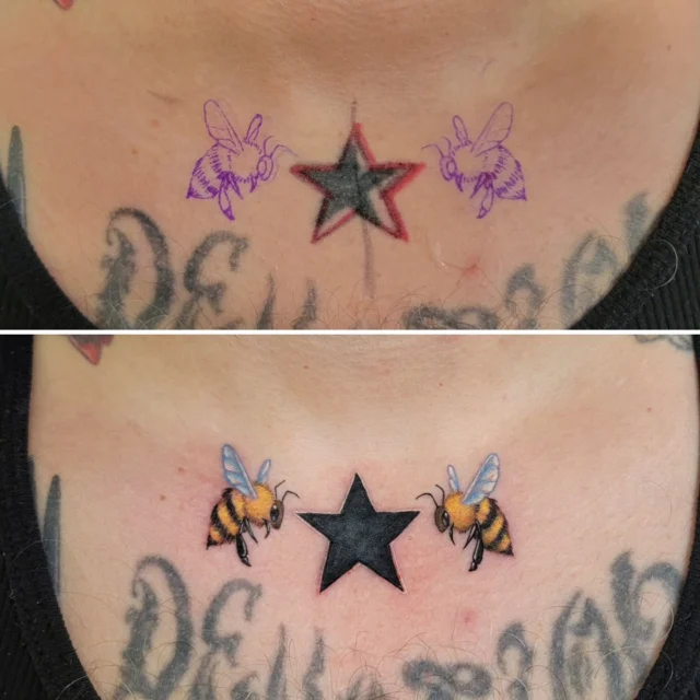 Re-centered a star that was knocked off course by a broken collarbone, and added a couple of bee body guards to keep it in place!
Big thanks to my longtime dear friend and constant supporter @avg.cadaver , I wouldn't be where I am today without you 🖤
#rachelgilbert #inkstress #tattoosbyinkstress #witchinghourtattoopdx #witchinghourtattoo #beforeandafter #beetattoo