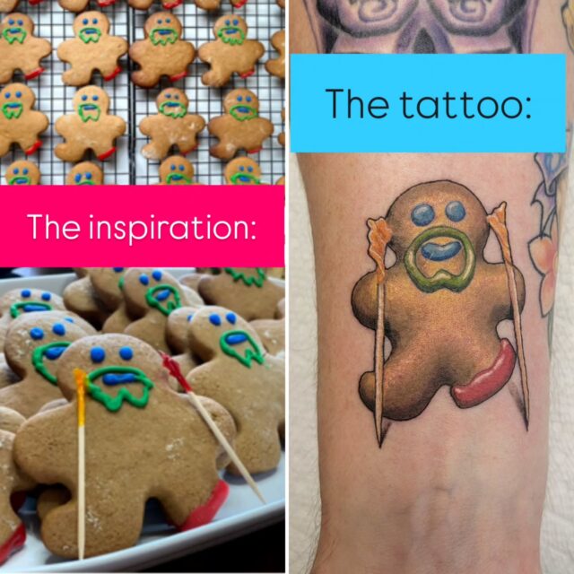 While we are very grateful that @wntrcross did NOT end up losing his leg, we still adore the ginger-Clint cookies!

Thanks for another fun tattoo project, and stay safe out there! 

PS I love doing food tattoos!!

#rachelgilbert #inkstress #tattoosbyinkstress #witchinghourtattoopdx #witchinghourtattoo #cookietattoo #foodietattoo #foodtattoo