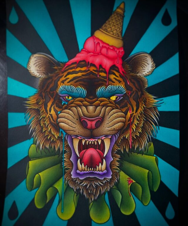 Hello everyone out there on the internet. It’s me , Luke again. How you holding up? I know the world seems like a scary place with potential peril around every corner, but….. check out this rad tiger I painted !!!!!!!!
 I would love to bring this design to life as a tattoo.maybe a rad hip /  thigh piece ? Send me DM if interested.
 That’s all I got , have a good one. Ok bye .
