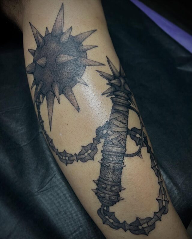 Hello Internet, it’s me Luke again. How’s things? I’m doing great , I got to make the most fun tattoo yesterday. I present to you a World War One tench flail… well a design based heavily on one.
 I had all the fun making this one!! I really enjoy working in this style . It’s sorta my favorite :) 
  Thanks so much @paulceboeffect !! I really appreciate the trust , you rock dude!
 Stay safe out there . Books open . Honey bees can flap their wings up to 200 times a second :)