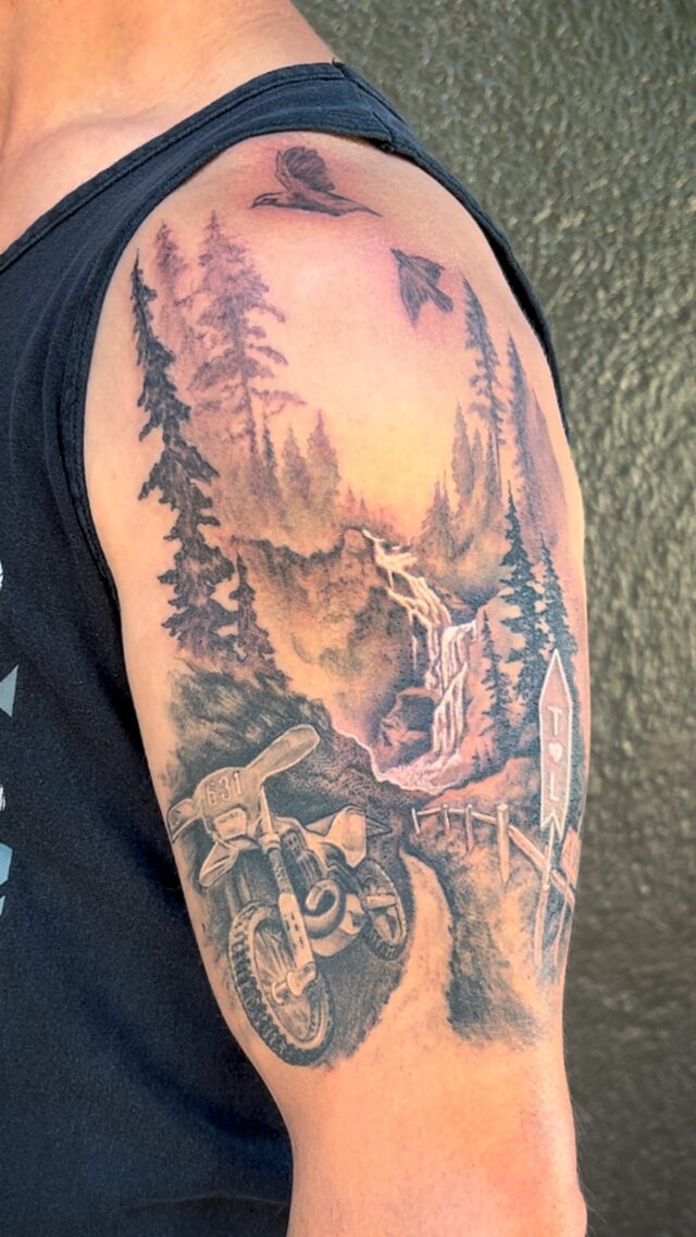 I had a great time finishing up Trevor’s first tattoo the other day. If anyone is looking to do some black and grey realism, landscapes, florals, lettering, or any combination just let me know. I’m booking up August and September currently. DM me direct fill out a form on my website.•
•
•
•
•
#borrowedtimesstudio #blackandgrey #blackandgreyrealism #tattoo #landscapetattoo #portlandtattooartist #pdxtattooer #tattooing #oregon #portland