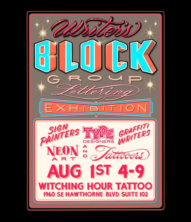 Here’s the final list of artists for Writer’s Block Group Lettering Exhibition 2025. I’m super proud of this lineup and will continue to highlight the individual artists involved over the coming weeks.
•
I’d like to thank everyone involved as well as @witchinghourtattoo for providing the perfect venue. Please come see us on Friday August 1st from 4-9. We’ll be celebrating letters in as many different styles and art forms as possible.•
•
These slides contain just 8 of the 35 talented artists whose work will be gracing our walls.•
•
1.) @kkade_schwarzmaler
2.) @bijoutype
3.) @welldonesigns
4.) @ksra_ksra
5.) @justinriede
6.) @electric.spaghetti.neon
7.) @eddiexcaine
8.) @allgoodsigns