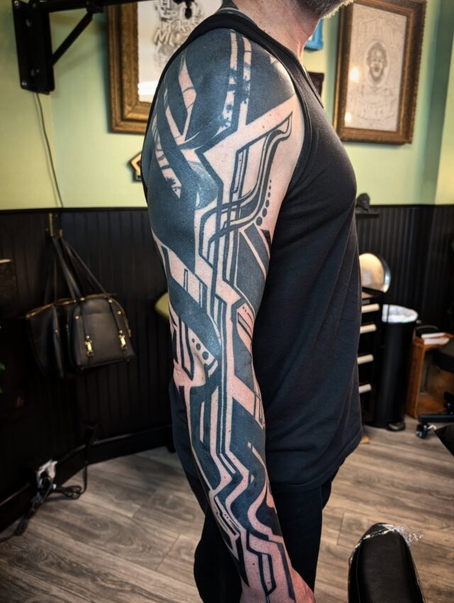 Getting close on Kaine's epic futuristic blackwork sleeve. I love doing large black work projects and blackouts. Please reach out if this kind of thing interests you! Thanks for looking.
..
..
..
..
..
..
..
#blackworktattoo #blackouttattoo #fullsleeve #portlandtattooers #portlandtattooshop  #portlandtattoo #witchinghour #portlandtattooartist #portlandoregon #pdxtattoo #pdxtattooartist #pdx #portlandartist #pnw #oregontattoo #oregontattooartist #oregontattoos #ashtonallentattoo #pdxsmallbusiness #pdxartgallery #womanownedbusiness #tattoo #tattoosnob #tattooistartmag #ladytattooer #femaletattooartist #support_good_tattooing