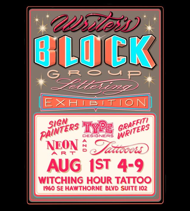Less than 1 week away @witchinghourtattoo will be hosting the Writer’s Block Group Lettering Exhibition that I’ve painstakingly curated over the last 2 months. Here is a complete and revised list of the participants. I’m extremely proud and grateful to everyone involved. Don’t miss this event.•
•
Getting to see graffiti, sign painting, neon signs, oil painting, expert typographers, and tattooers all under one roof is something special. This may actually be the first show if it’s kind. But it certainly won’t be the last.•
•
I’ve highlighted 8 more artists below and in the following slides:
1.) @borrowed_times_pdx
2.) @que.sera8
3.) @vk.signs
4.) @merlotism
5.) @inkstress
6.) @allakses
7.) @kan_goe
8.) @lil_yard_queen