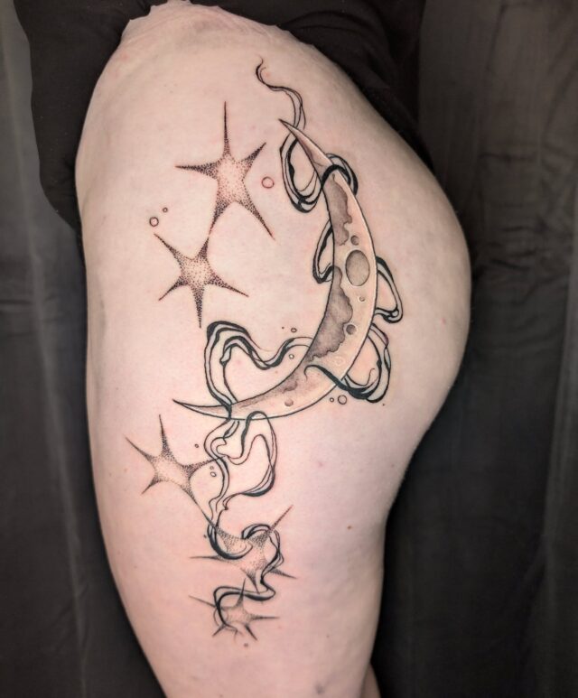 A waxing crescent moon and some abstract black work stars and clouds for Alyssa and her mom (they got matching moons! ☺️🌙) I had fun mixing dotwork, abstract black work and soft black and grey in this piece. I really enjoy tattoos that have mixtures of distinct styles like this. Thanks for looking!
.
.
.
.
.
.
.
portlandtattooers #portlandtattooshop  #portlandtattoo #witchinghour #portlandtattooartist #portlandoregon #pdxtattoo #pdxtattooartist #pdx #portlandartist #pnw #oregontattoo #oregontattooartist #oregontattoos #ashtonallentattoo #pdxsmallbusiness #pdxartgallery #womanownedbusiness #tattoo #tattoosnob #tattooistartmag #ladytattooer #femaletattooartist #support_good_tattooing