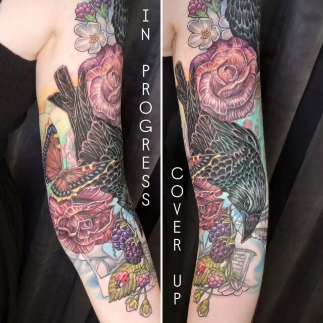 We've got a ways to go yet, but we're making awesome progress on Kristin's cover up sleeve! 
Thanks for the patience and trust with the process! 

#rachelgilbert #inkstress #witchinghourtattoopdx #witchinghourtattoo #inprogress #coveruptattoo #whatcoverup