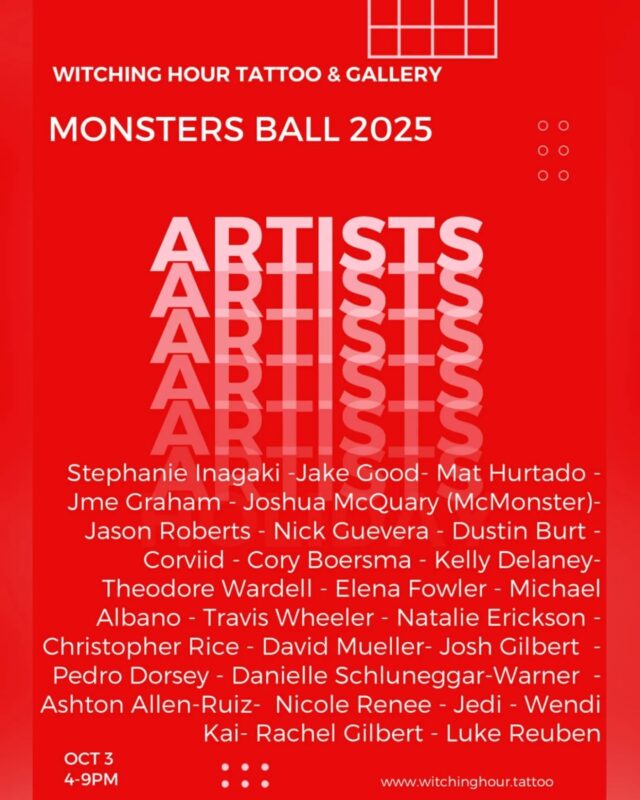 Proud to announce the official lineup of artists for MONSTERS BALL 2025! We have some sneak peeks of submissions from @stephanieinagaki , @corviidart , @inkstress and @luke_reuben . Opening reception at the Witching Hour Tattoo Gallery Fri Oct 3 from 4-9pm See these (and many more) beautiful monsters in person and meet the artists that created them. Can't wait to see you all there!