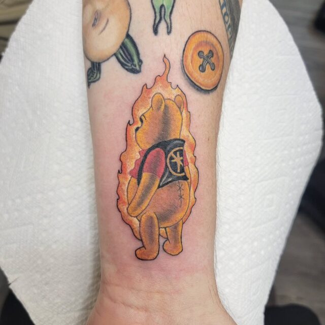 @wntrcross always comes up with the best ideas! 
"Bad Religion Bear" or "Pooh on Fire"? Either way, what fun! Thanks for another great day! 

Let your imagination run wild! If you have a wacky tattoo idea, tell me about it! 

#rachelgilbert #inkstress #tattoosbyinkstress #witchinghourtattoopdx #witchinghourtattoo #winniethepooh #badreligion #boyonfire #whimsicaltattoo #musictattoo