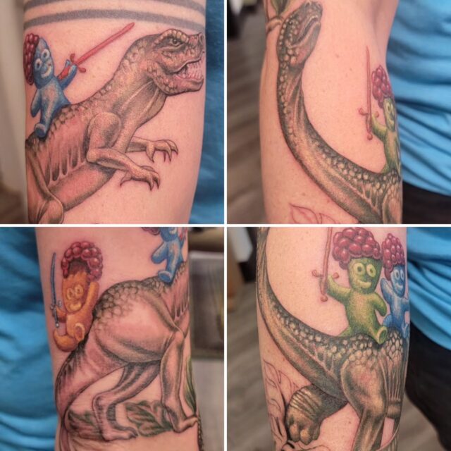 *in progress*
We got a great start on Paige's wonderfully whimsical sleeve! 

Yes - these are Sourpatch Kids wearing raspberry hats and riding on dinosaurs. 
Amazing.

Bring me all your wacky tattoo ideas, I'm so here for them! 

Thanks for a great day! 

#rachelgilbert #inkstress #tattoosbyinkstress #witchinghourtattoopdx #witchinghourtattoo #whimsicaltattoo #foodietattoo #portlandtattoo #oregontattoo