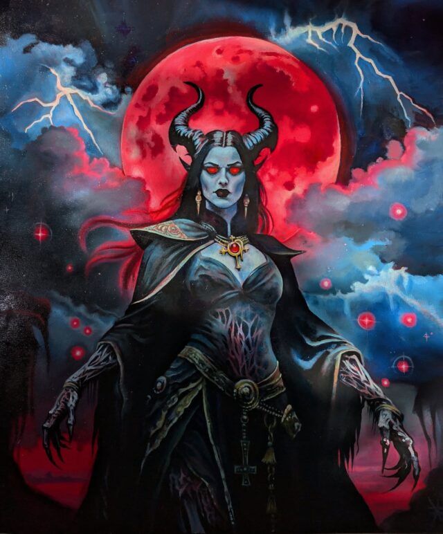 "Lilith, Final Form" Oil on birch panel. 24x36. My submission for Monsters Ball 2025 at the @witchinghourtattoo gallery! Come see her and many other amazing monsters in person at the opening reception this Friday from 4-9pm 👹👹👹