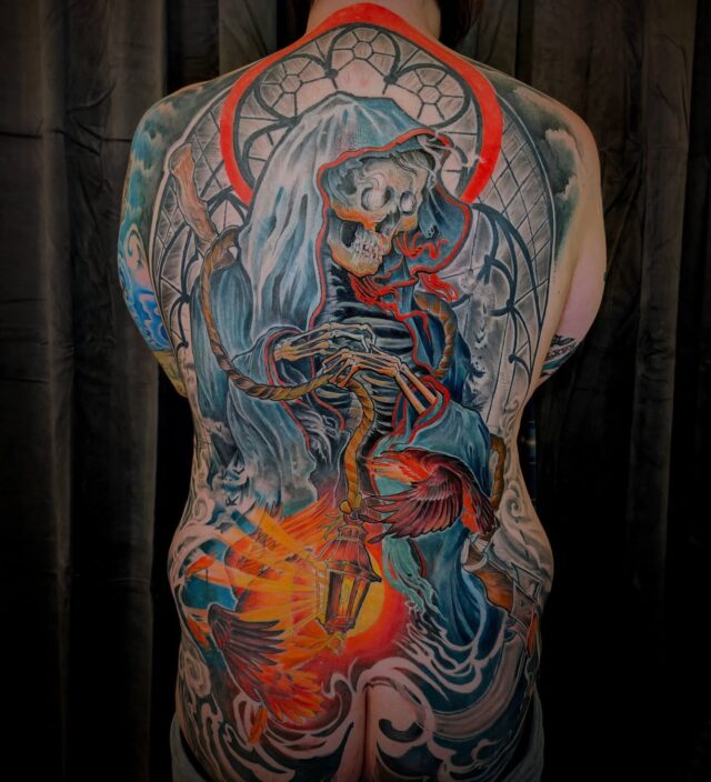 One more session to go on Josh's epic neck to knees reaper back piece! This is the kind of stuff I live to tattoo y'all, bring me alllllll the back pieces 🔥🔥🔥
.
.
.
.
.
#fullbacktattoo #backpiecetattoo #heavilytattooed #reaper #grimreaper #portlandtattooers #portlandtattooshop  #portlandtattoo #witchinghour #portlandtattooartist #portlandoregon #pdxtattoo #pdxtattooartist #pdx #portlandartist #pnw #oregontattoo #oregontattooartist #oregontattoos #ashtonallentattoo #pdxsmallbusiness #pdxartgallery #womanownedbusiness #tattoo #tattoosnob #tattooistartmag #ladytattooer #femaletattooartist #support_good_tattooing