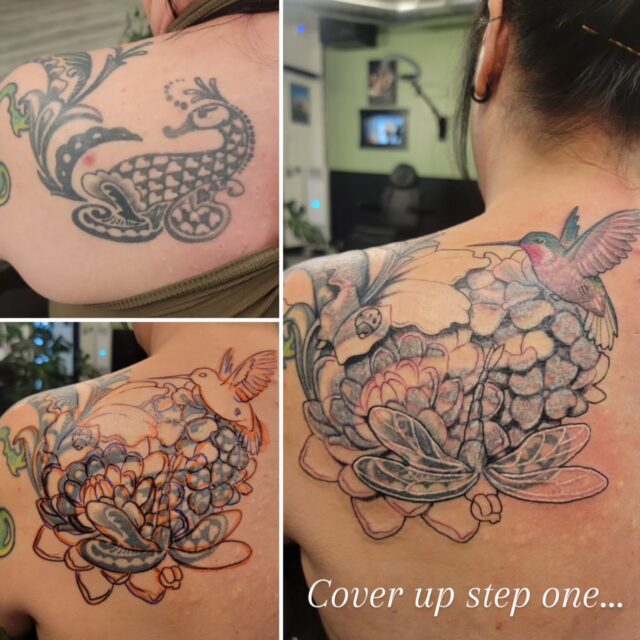 Great first day working on Michelle's fun floral cover up! 
Thanks for the patience and trust, I'm excited for step 2....!

#rachelgilbert #inkstress #witchinghourtattoopdx #beforeandafter #coveruptattoo