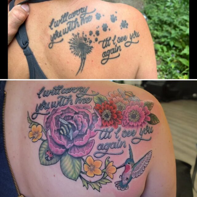 Before and After! 
Many thank yous to Carey for trusting me with this rework! 
We are going to do one final pass on the peony (it is healed in this photo) but I just couldn't wait to share this project... 

Life is too short to put up with tattoos that don't bring you joy. Does your tattoo need a makeover? Let's talk about it! 

#rachelgilbert #inkstress #witchinghourtattoopdx #tattoocoverup #beforeandafter