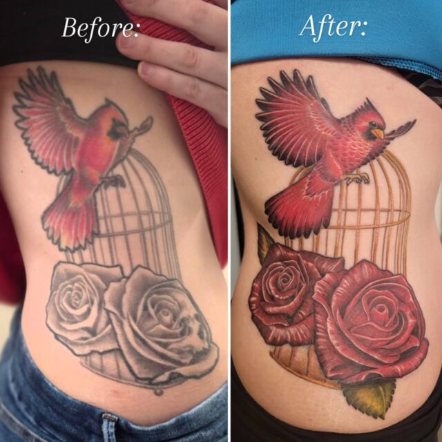 Before and after! 
Thank you, Catherine, for coming all the way to Portland so I could give your tattoo a facelift! 

#rachelgilbert #inkstress #witchinghourtattoopdx #tattooglowup #tattoofacelift 

Tattoo fix up • tattoo revamp • Portland • Oregon •
