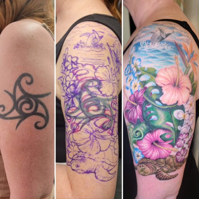 Completed cover up for Michelle! 
Thanks so much for your trust and patience while we transformed your tattoo from tribal to tropical! 

#rachelgilbert #inkstress #witchinghourtattoopdx #tattoocoverup #whatcoverup 

•portland•oregon•female•tattoo artist•witching hour•pnw•before and after•tropical tattoo•