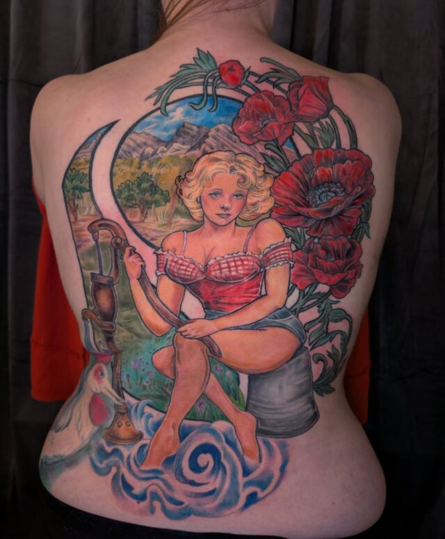 Finished Sarah's art nouveau farmer pinup backpiece. Her legs and the water are fresh and the rest is healed. She asked for a back piece of a farmer girl in a pinup style pose drawing water from an antique water pump to commemorate her Polish grandmother. She wanted the pinup's face to be based on the old Hollywood actress Clara Bow. We also incorporated poppies from a painting that hung in her grandma's house into the design. For the background we incorporated a mountain scene from where she grew up outside Las Vegas. This was also a cover up! The rooster was an existing tattoo she had that was done by another artist. Thanks for looking and reading about this fun project👩‍🌾🙏❤️ More backpieces please!
.
.
.
.
#backpiecetattoo #pinuptattoo #coveruptattoo #witchinghourtattoo