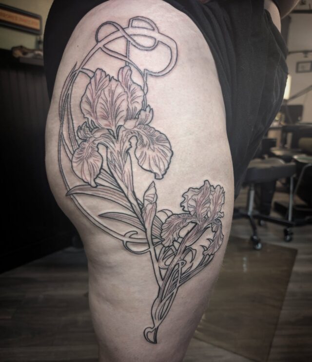 One of two balanced (not symmetrical) large blackwork art nouveau iris pieces for Libby. The other piece will cover the majority  of the side of her left leg down to the calf. I love doing large themed work over multiple body parts like this. Email or DM if something like this interests you !
.
.
.
.

#artnouveautattoo #blackworktattoo #floraltattoo #femaletattooartist #witchinghourtattoo